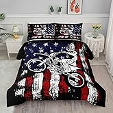 Axolotl Dirt Bike Comforter Set Twin, American Flag Bedding Set, Motocross Comforter,White Red Stripes Stars Bedding, Motorcycle Racer Quilt for Boys Kids Teens Men, 1 Dirt Bike Quilt 2 Pillowcases