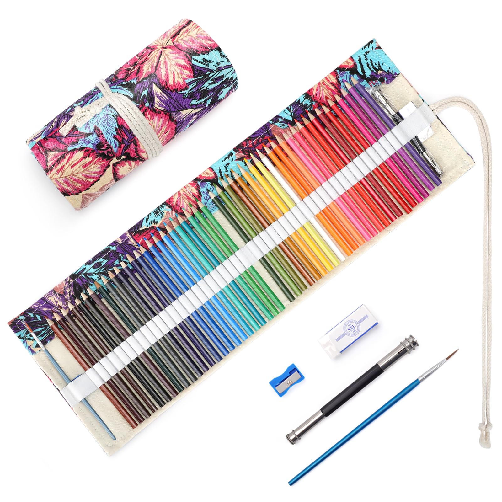 TOYESS 48 Colouring Pencils Set with Portable Canvas Pencil Wrap Case, Wood-Free Coloured Pencils with Roll Up Canvas Pouch Package for Adults Colouring Books and Children Sketching, Maple