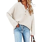 TUREAU Women Oversized Sweaters V Neck Long Sleeve Tops Quarter Button Up Pullover Business Casual Clothing,White XL