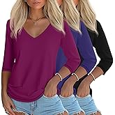 Ficerd 3 Pack Women's 3/4 Length Sleeve T Shirts, V Neck Tops Loose Fit Blouses Casual Tees 2026 Fashion Clothes