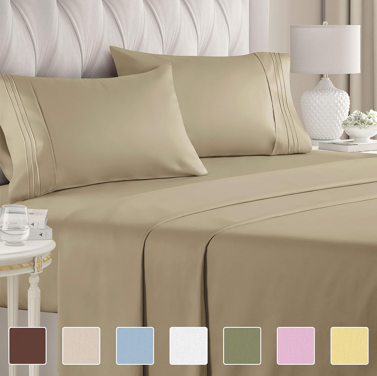 Queen Size Sheet Set - 4 Piece Set - Hotel Luxury Bed Sheets - Extra Soft - Deep Pockets - Easy Fit - Breathable & Cooling - Wrinkle Free - Comfy – Beige Tan Bed Sheets - Queens Sheets – 4 PC: Home & Kitchen