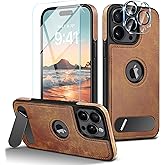 Fingic Magnetic Leather Case for iPhone 15 Pro Max Case[Compatible with Mag-safe][with 1 Screen/Camera Len Protector] Invisible Stand Slim Kickstand Protective Shockproof CAse for Women Men,2023,Brown