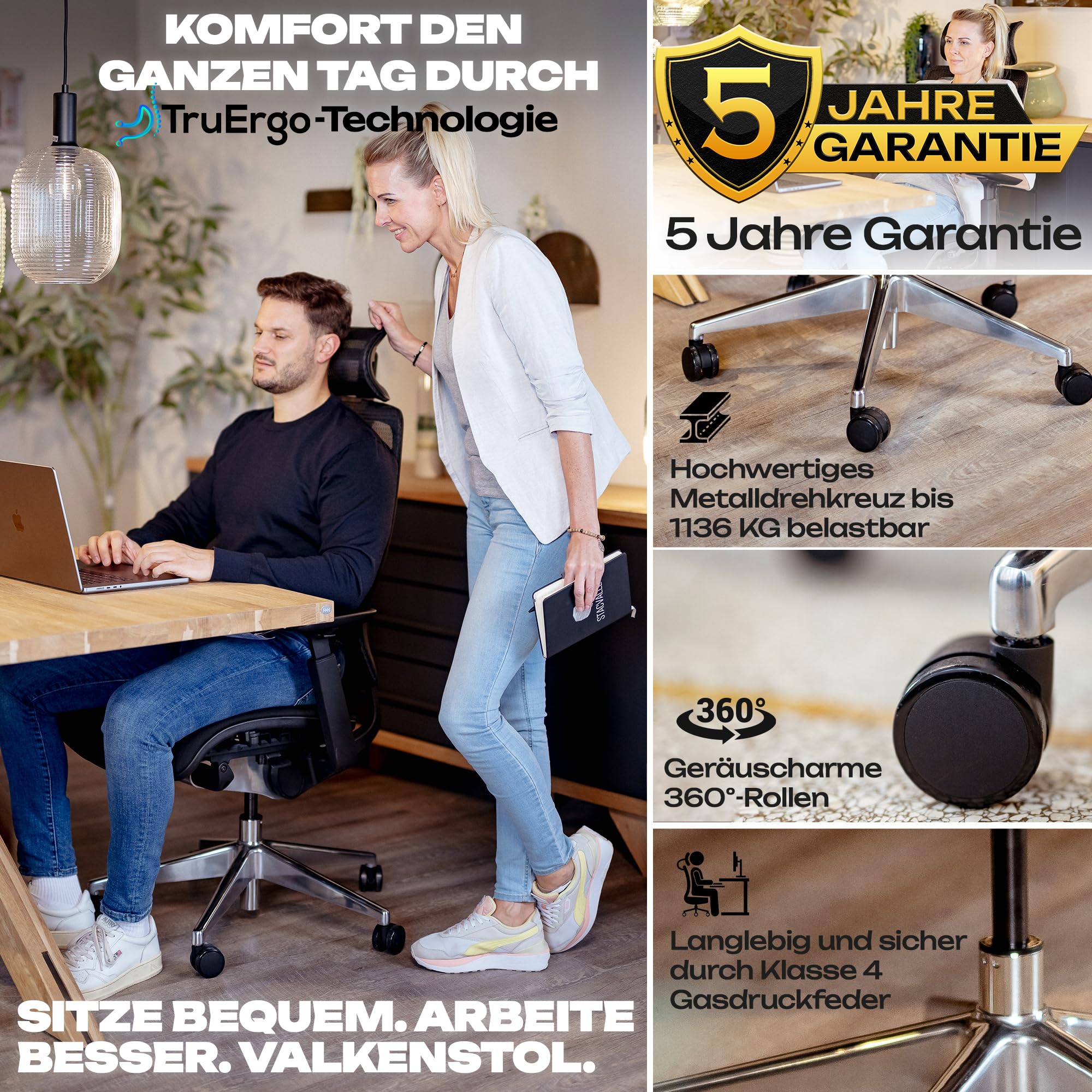 VALKENSTOL M6 Bürostuhl Ergonomisch Testsieger für Grosse Menschen, Breite Sitzfläche Schreibtischstuhl, Office Chair mit Lordosenstütze, Verstellbare Rückenlehne für Gesundes Sitzen Chefsessel 150kg 6