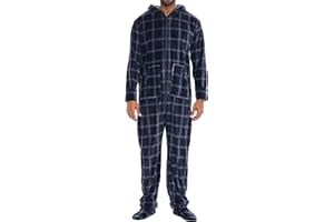 Alexander Del Rossa Men's Warm Fleece One Piece Hooded Footed Zipper Pajamas Set, Soft Adult Onesie Footie Hood Winter