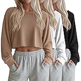 Velvelhall 3 Pack Women's Cropped Long Sleeve Tops Boat Neck Loose Fit T-Shirts Oversized Drop Shoulder Casual Basic Tees