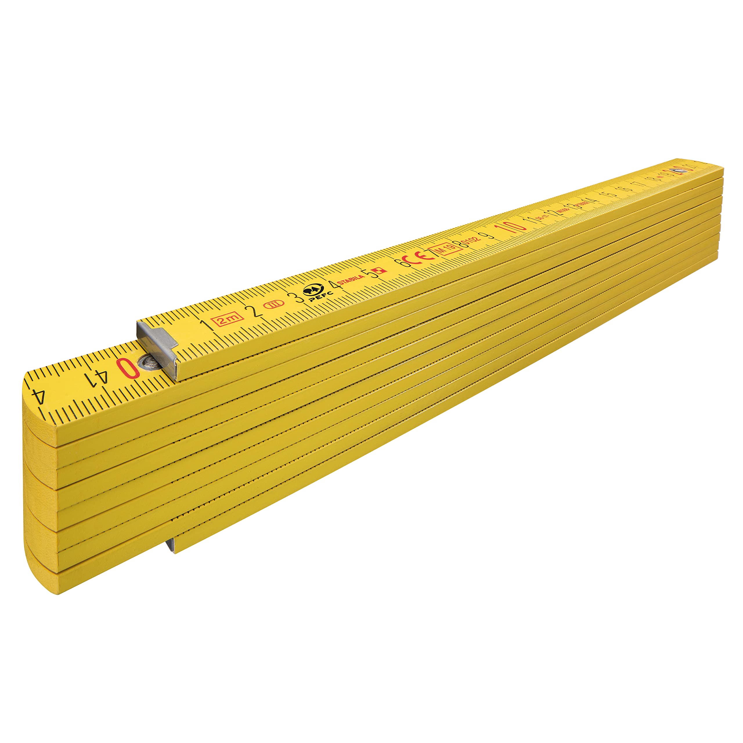 STABILA Folding Rule Type 407, 2 m, Yellow, Metric Scale, Angle Function, PEFC Certified Wood, Sheet Steel Joints with Integrated Steel Spring