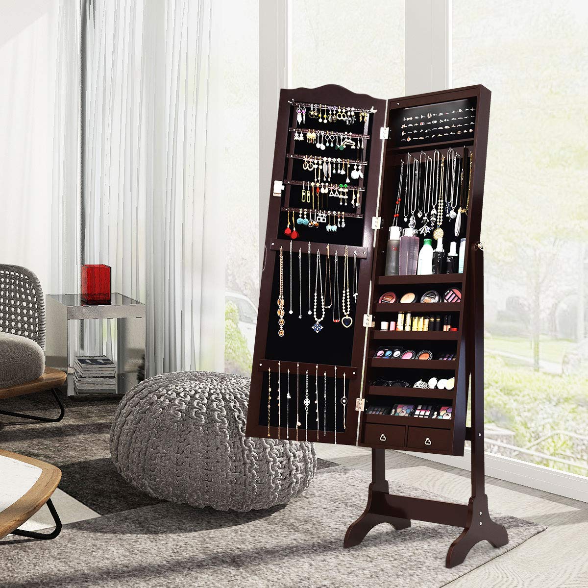 Giantex Jewelry Armoire Organizer with Full Length Mirror, 14 LEDs