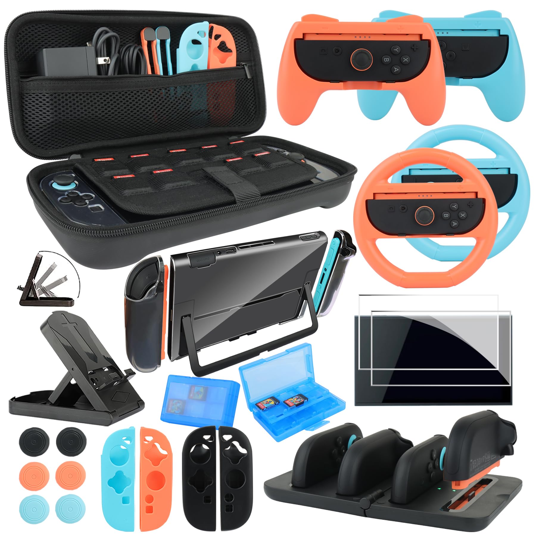 Switch 2 Accessories Bundle for Nintendo Switch 2, 23-in-1 Game Kit: Carrying Case, Charging Dock, Screen Protectors, Steering Wheels, Grips for Joycon, Dockable Console Protective Cover Case Image