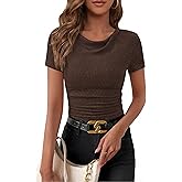 PRETTYGARDEN Womens Summer Tops 2026 Cute Cowl Neck Short Sleeve T-Shirts Ribbed Knit Fitted Spring Ruched Crop Top