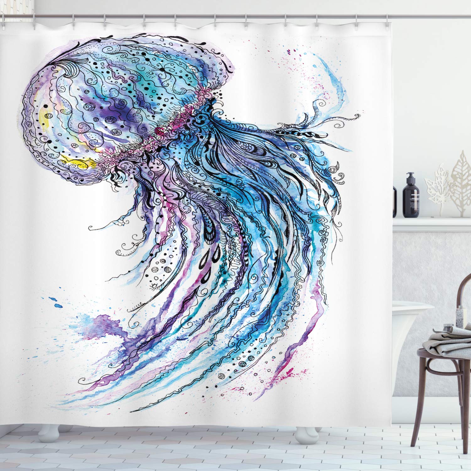 ABAKUHAUS Jellyfish Shower Curtain, Aqua Colors Art Ocean Animal Print Sketch Style Creative Sea Marine Theme, Cloth Fabric Bathroom Decor Set with Hooks, 86 Inches Extra Long, Blue Purple White