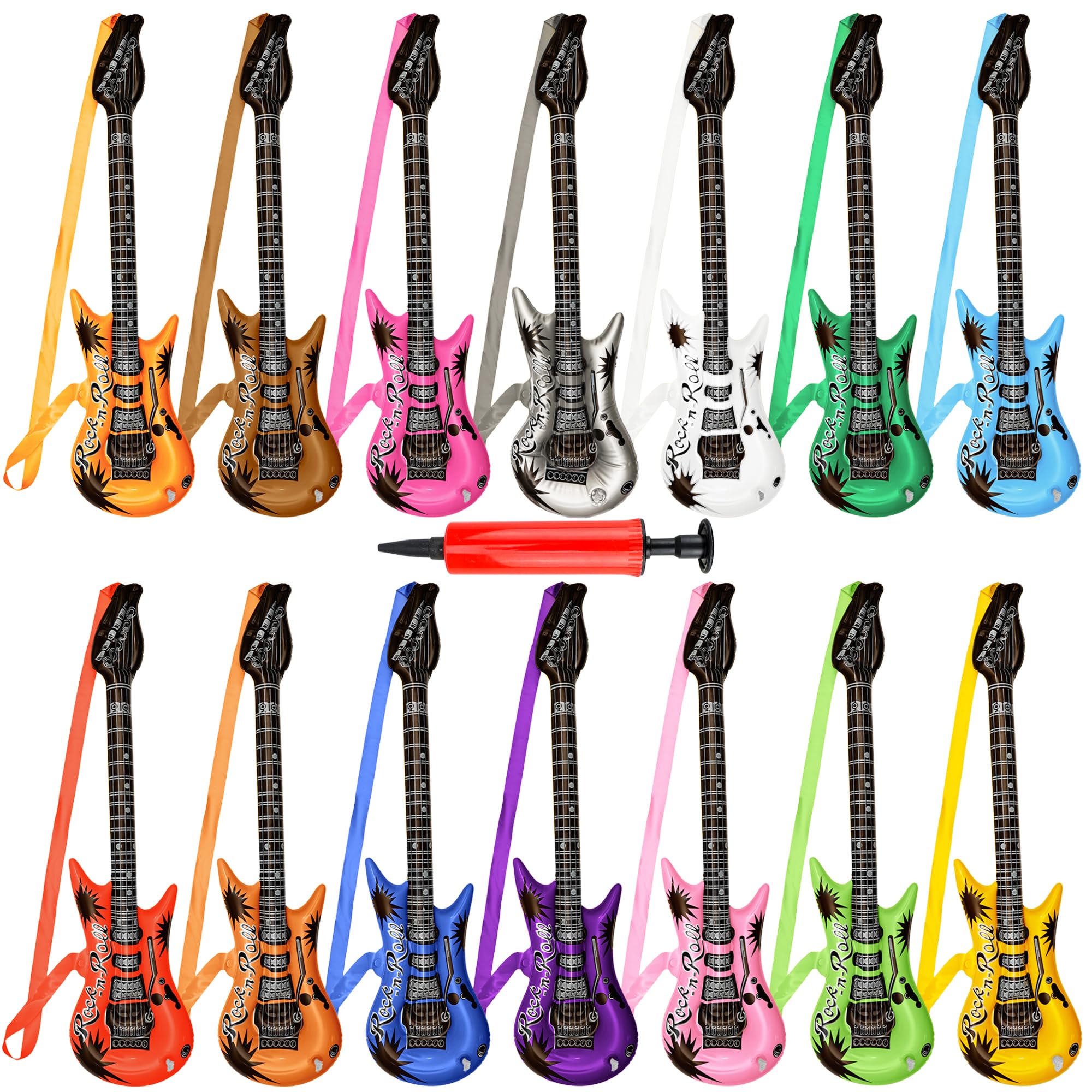 14 Pack 37.4 inch Inflatable Guitar with Strap Assorted Color Blow Up Guitars with 1 Red Air Pump for Kids Birthday Rock Star Party Decorations, 14 colors