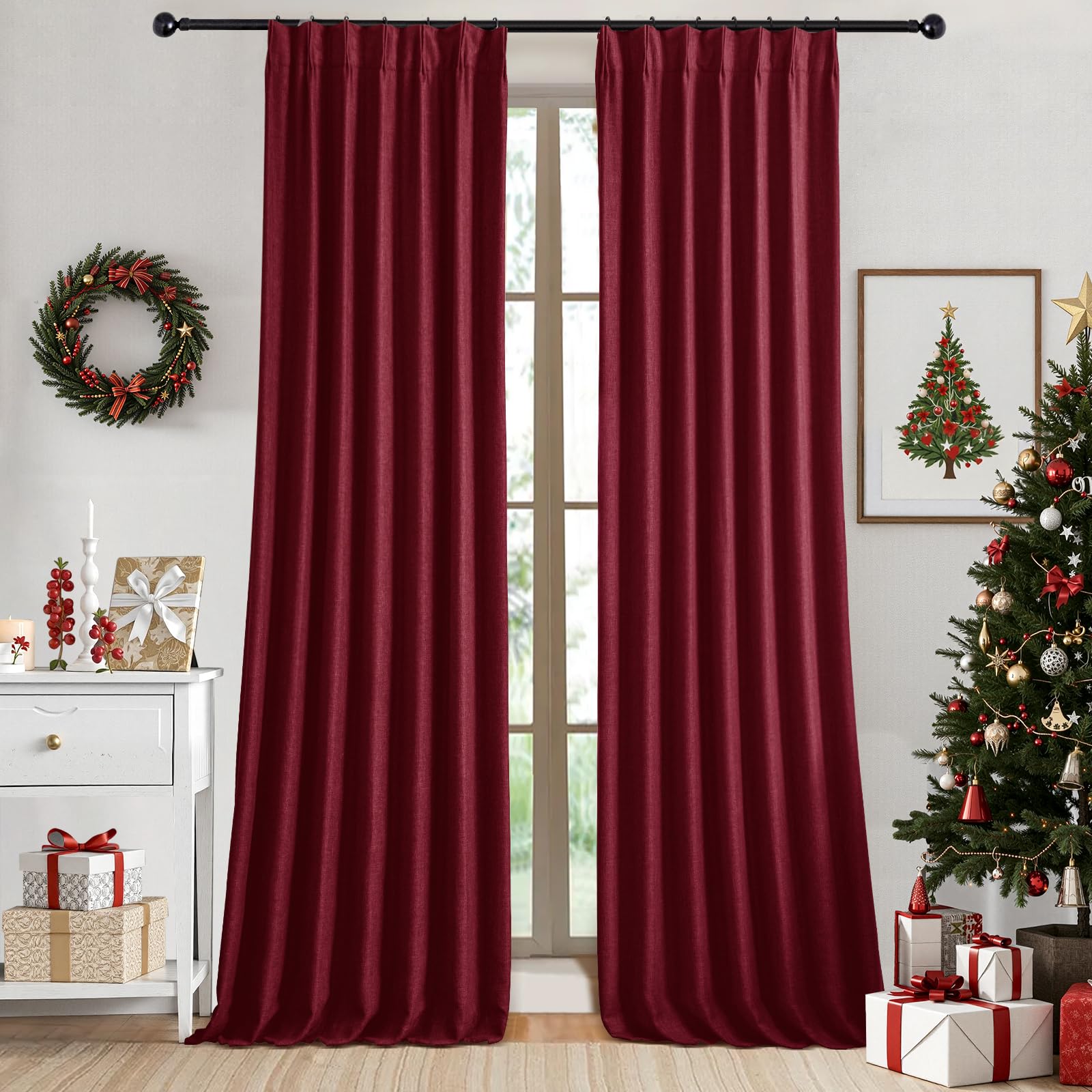 IVAPUPU Linen Pinch Pleated Blackout Curtains for Bedroom - Full Black Out Red Curtains 95 Inch Long 2 Panel for Living Room Darkening Thermal Window Curtain Drapes for Christmas Decor