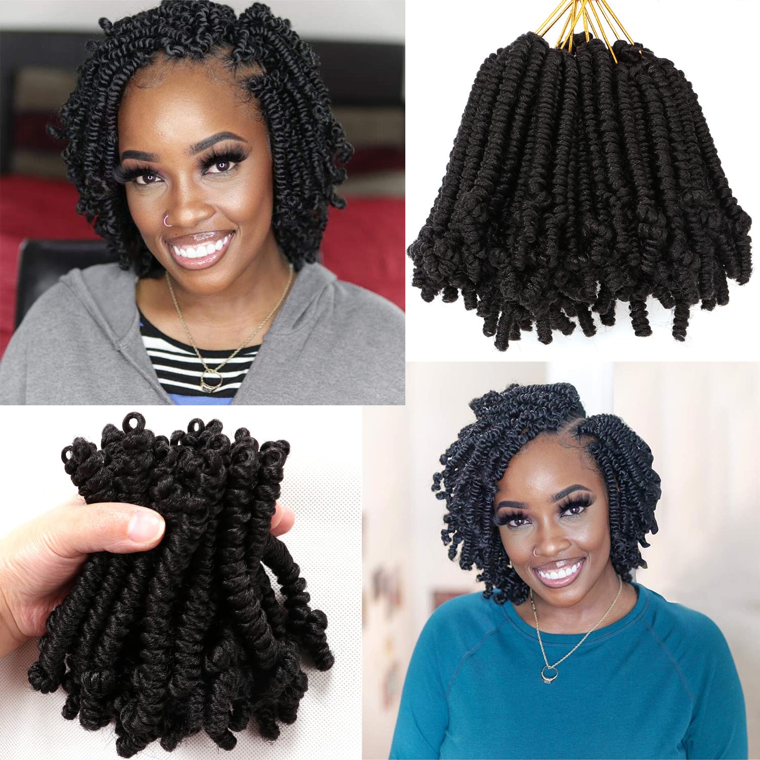 Spring Twist Passion Hair Crochet Braids Extensions for Braiding - Black Women's Hair Extensions (6 Inch, Pack of 8, #1B)