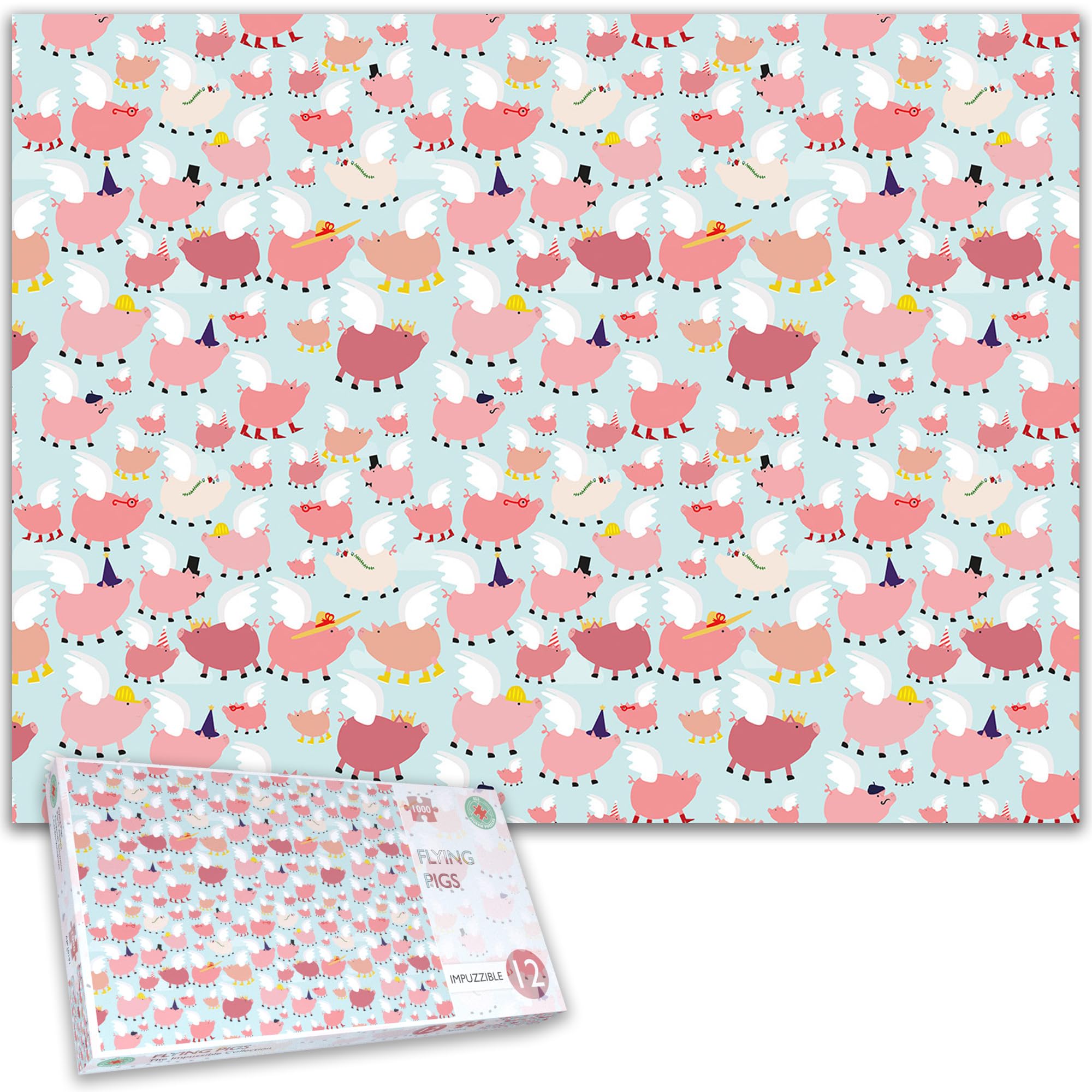 Flying Pigs Impuzzible 1000 Piece Jigsaw Puzzle – Extra Difficult Funny Puzzle for Adults & Teens – Whimsical Pig Design with Top Hats, Party Hats & More!