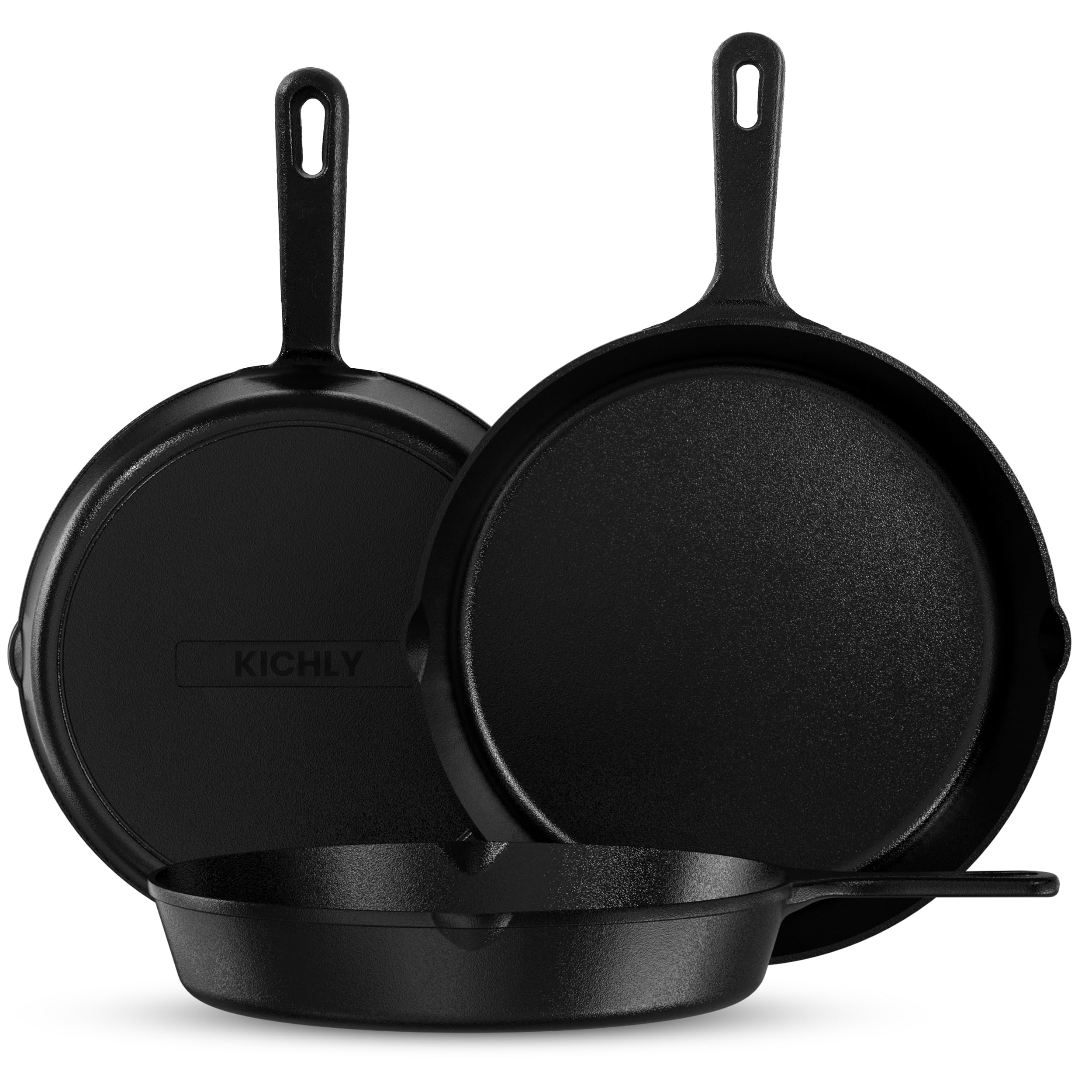 KICHLY Set of 3 Preseason Cast Iron Skillets, Cast Iron Induction Frying Pan Set with 6 Inch, 8 Inch and 10 Inch Sauté Fry Pans, Black