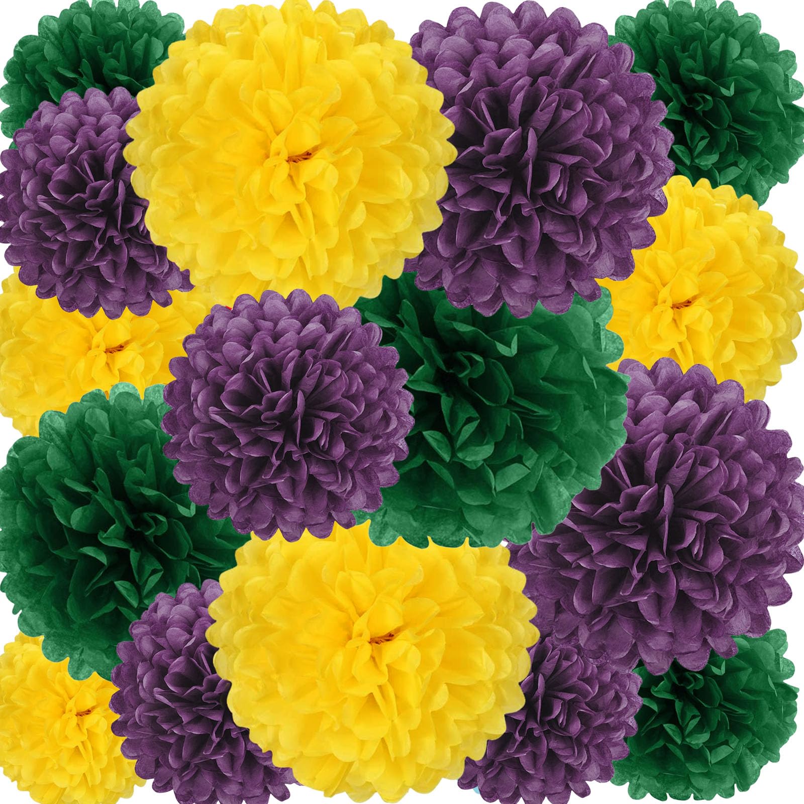 Photo 1 of 18 PCS Tissue Paper Pom Poms, Tissue Pom Poms Flowers, Sizes of 6", 10", 12", 14" Hanging Paper Flower Ball for Wedding, Birthday, Mardi Gras, Baby Shower Party Supplies Decor (Yellow Green Purple)