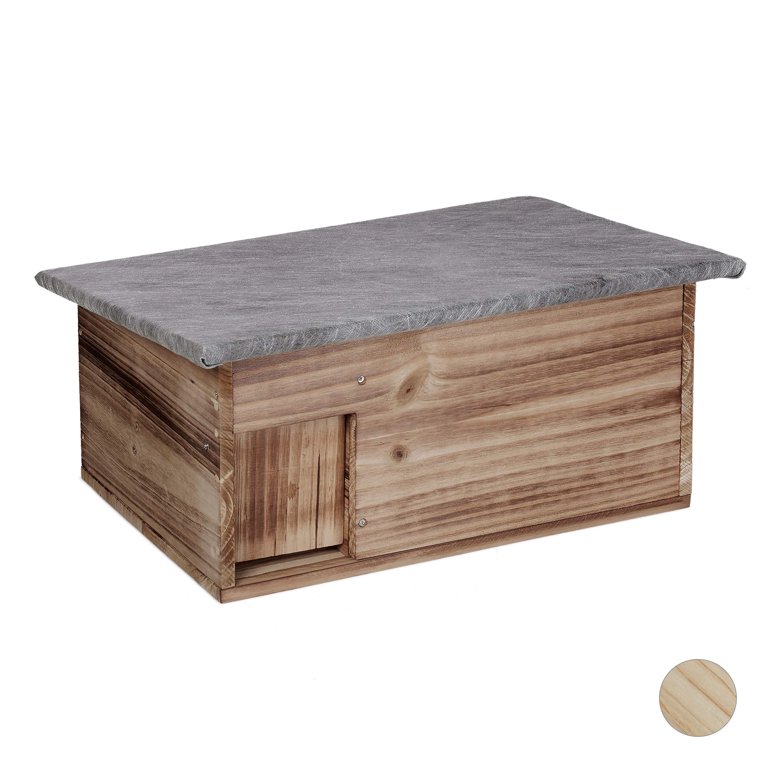 Relaxdays Hedgehog Shelter Winter-Proof, Building Kit, Cat-Proof, Flap & Labyrinth Entry, HWD 21x46x34 cm, Flamed Wood