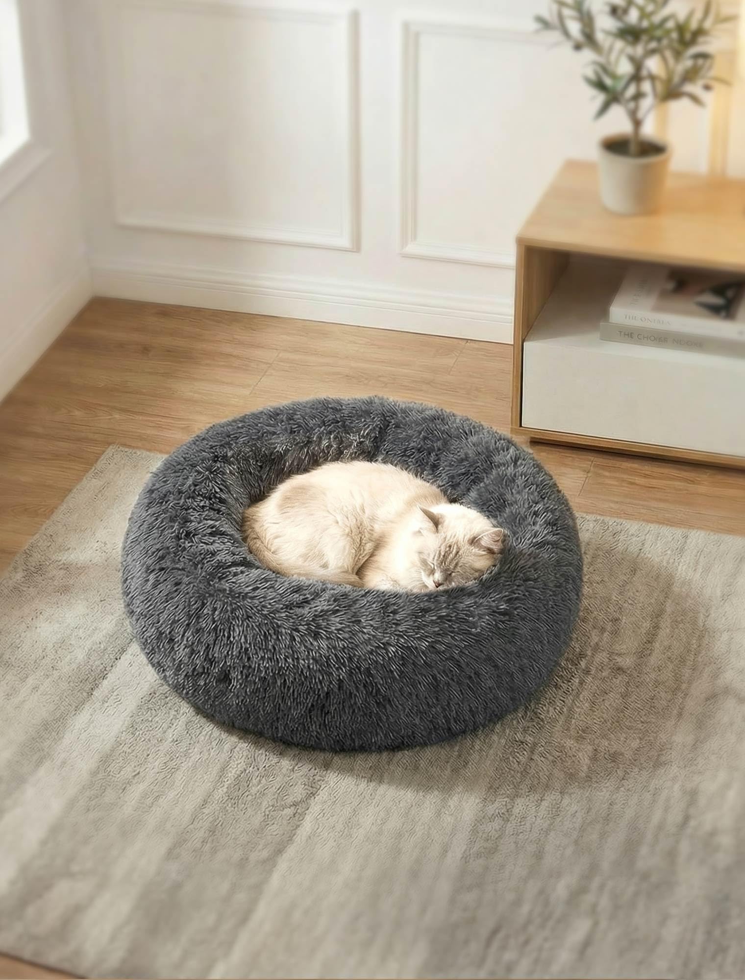 Moistu Small Dog Bed Donut Washable - 20cm Extra Thick Padded Base Plush Calming Bed Round Cat Cushion, Anti-Anxiety & Non-Slip Bottom - Soft Luxury Puppy Kennel Faux Fur Improved Sleep 50cm Diameter
