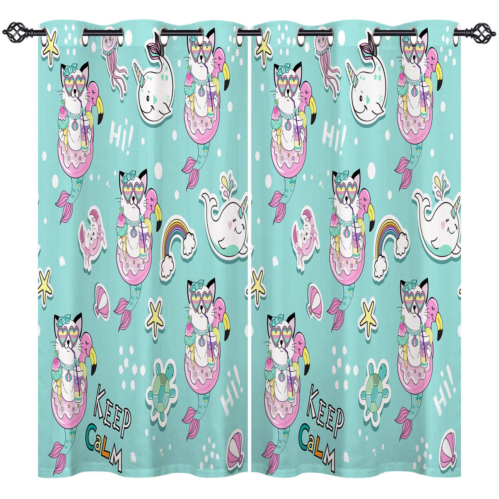 ANHOPE Cat Mermaid Curtains Eyelet 80% Blackout Room Darkening Curtains Unicorn Whale Flamingo Print Pattern Thermal Light Blocking Window Drapes for Bedroom Living Room 46 x 54 Inch Drop 2 Panels