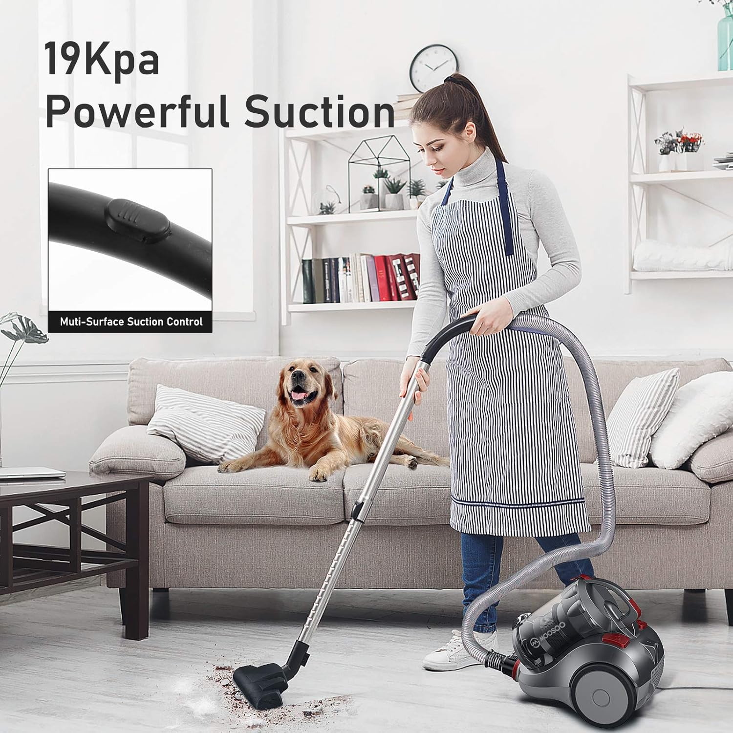 MOOSOO Bagless Canister Vacuum Cleaner, Pet Friendly Lightweight 19Kpa Powerful Vacuum with Cyclone & HEPA Filtration, 1.5L Dust Cup, 2 Cleaning Tool Easy Clean for Hard Floor or Carpet - MS155 -