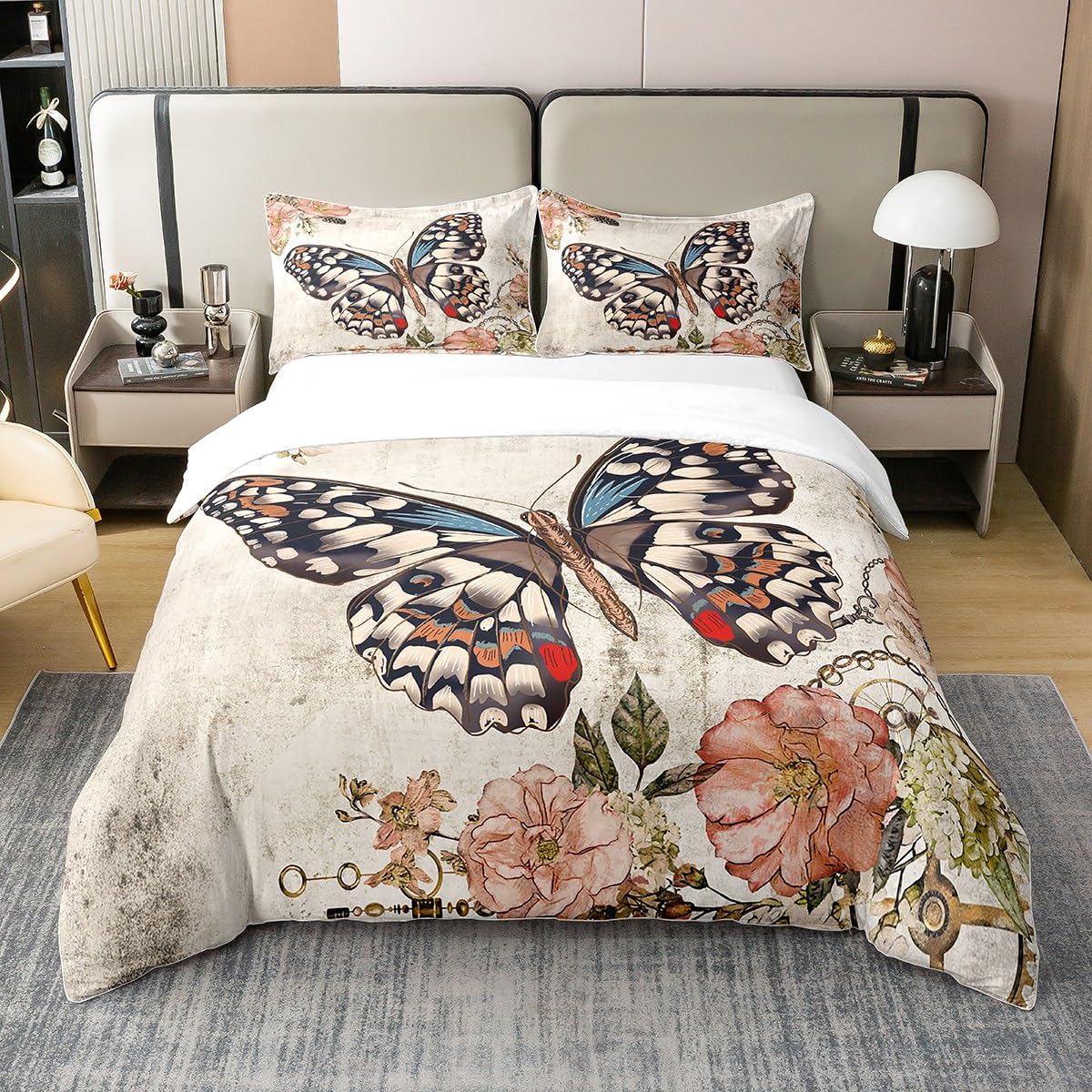 Homewish Boho Butterfly 100% Natural Cotton Duvet Cover Double,Colorful Butterflies Bedding Set,Vintage Flowers Comforter Cover,Mid-Century Retro Style Bed Sets with 2 Pillowcases Bedroom Decor