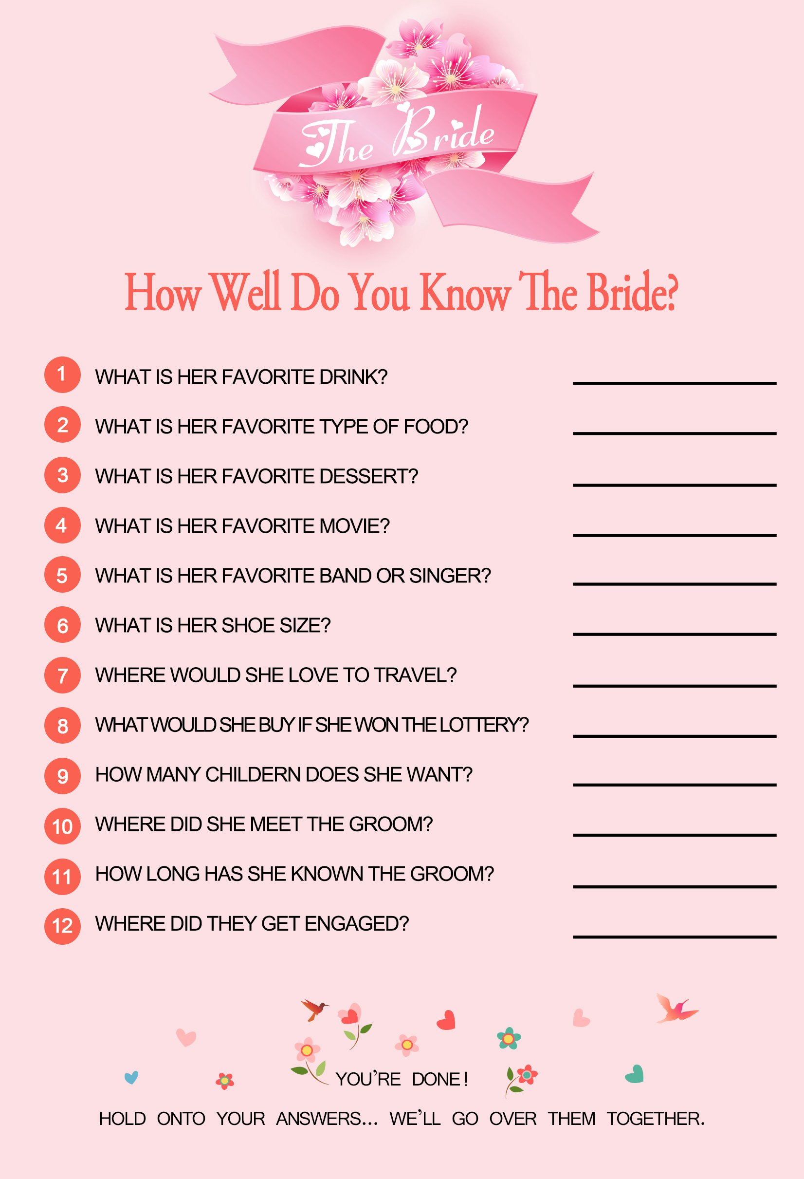 E-TING How Well Do You Know The Bride (45 Sheets) - Bridal Shower And Wedding Anniversary Games