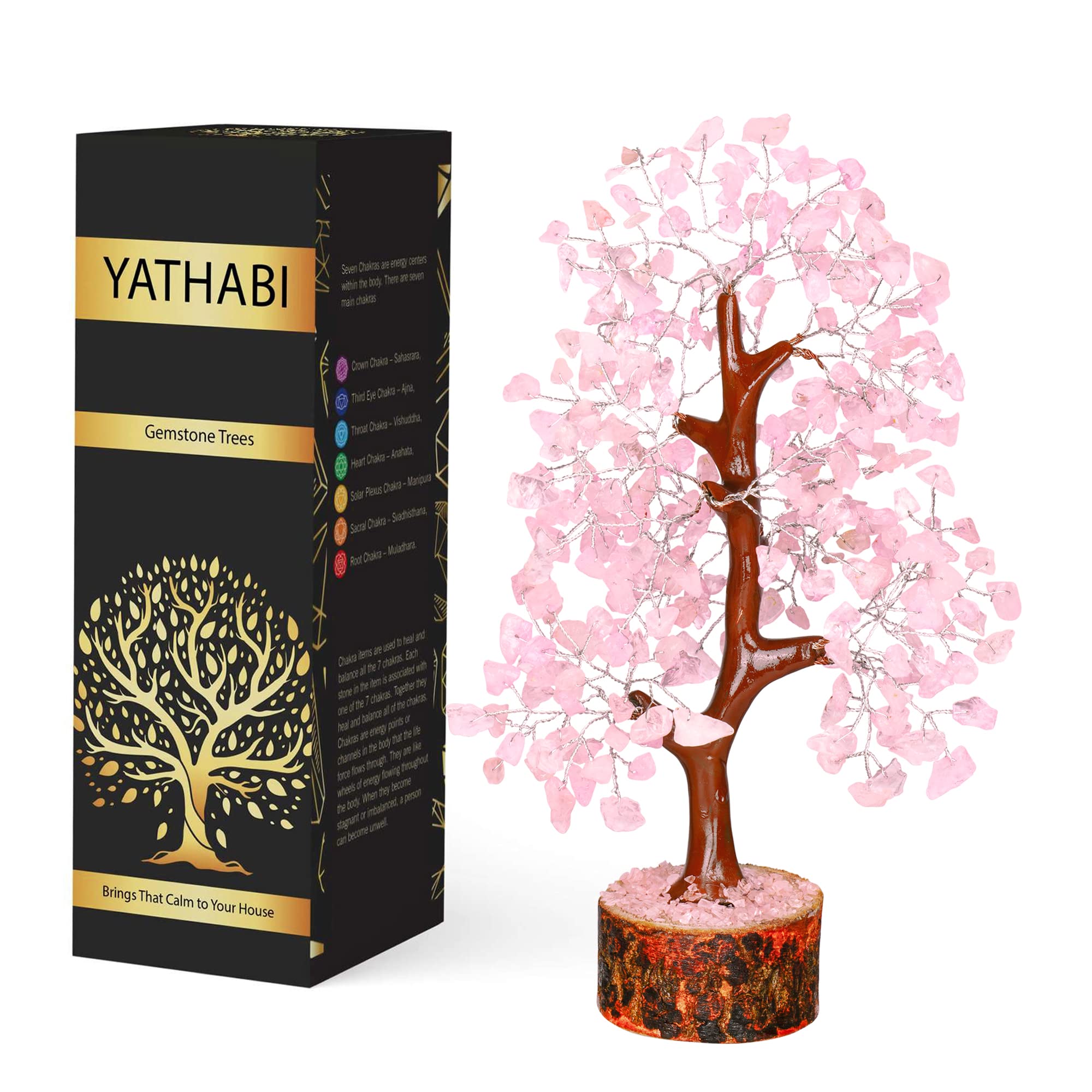 Tree of Life Gemstone Bonsai - Artificial Home and Office Decor, Spiritual Gift With Chakra Stones, Love Stone, Positive Energy - Crystal Rose Quartz