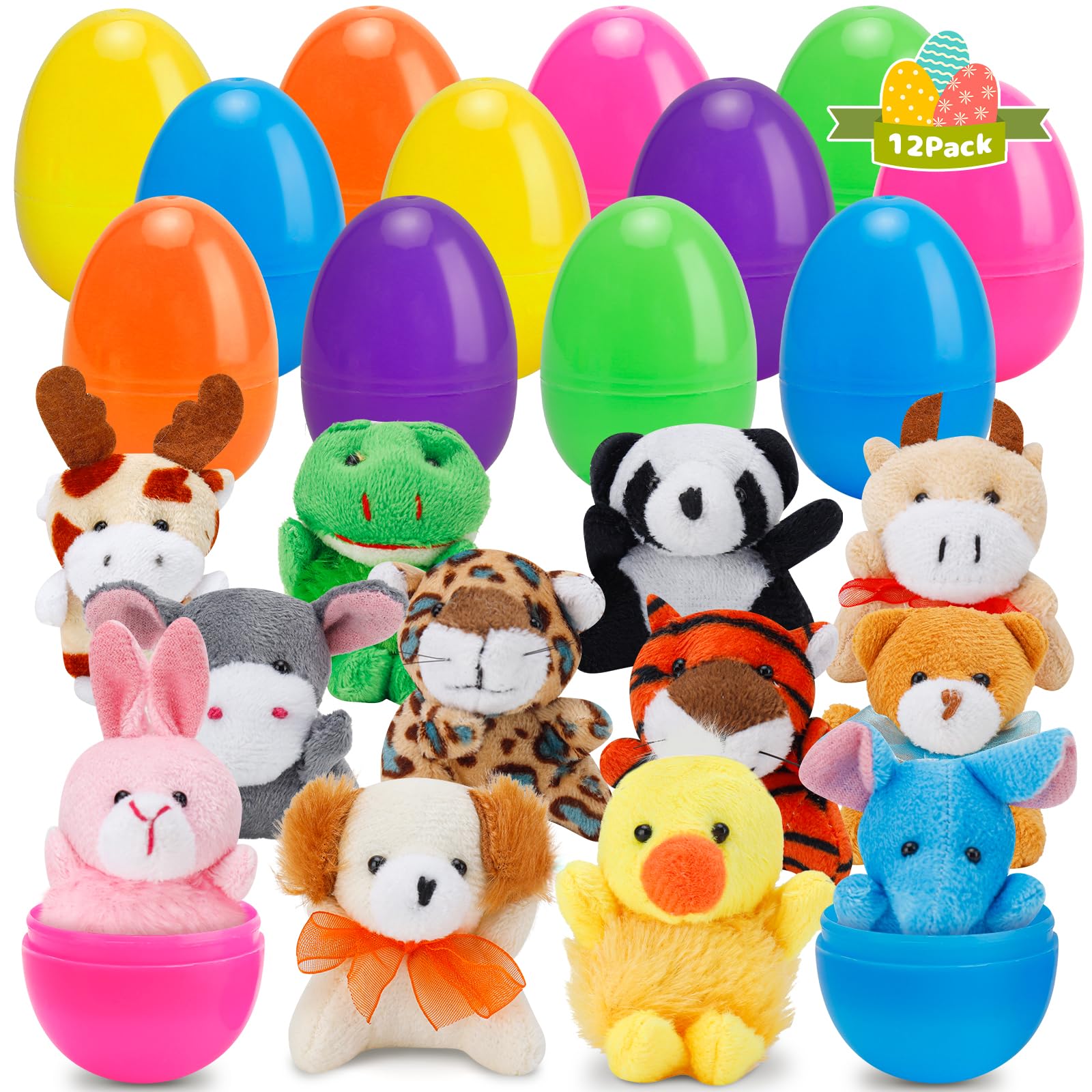 AUUGUU 12 Pack Prefilled Easter Eggs with Animals Stuffers Plush Toys for Easter Egg Hunt, Easter Basket Stuffers Fillers, Easter Party Favors, Easter Classroom Prize Supplies