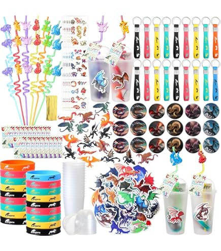 Kit Anniversaire Enfant Thème Dragon - 12 Sacs Cadeaux + Bracelets + Badges + Carnets + Autocollants - Décoration Fête Enfant