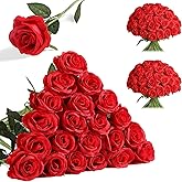 Nubry 24pcs Artificial Red Roses, Fake Silk Roses Flower with Long Stems, Realistic Flowers for Bridal Wedding Party Table Centerpiece Home Decor