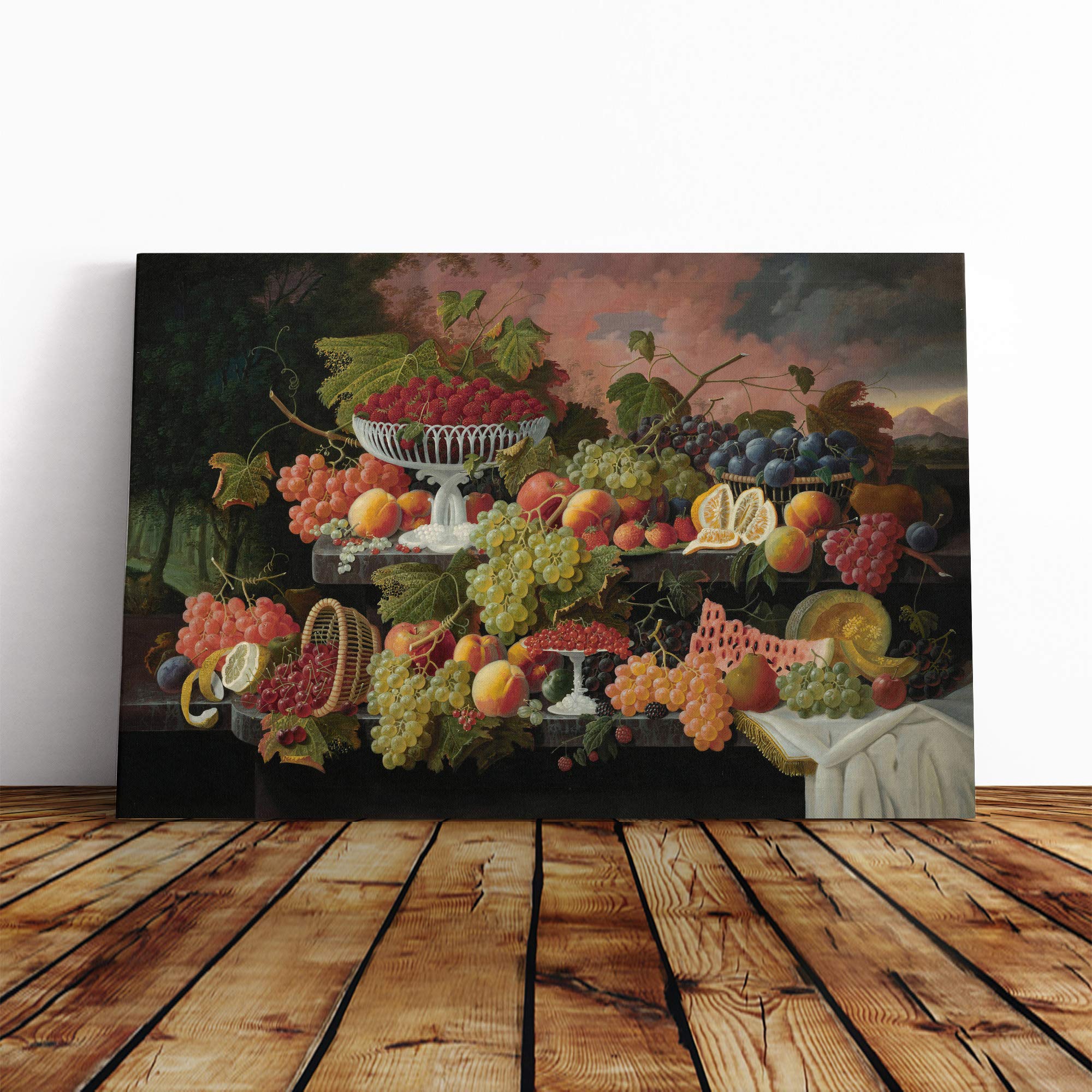 Severin Roesen Still Life Fruit and Sunset Canvas Print | Gallery Wrapped 30mm Frame Wall Art | 20x14 inches | Ready to Hang | Modern Landscape Picture | Living Room Bedroom Lounge Office