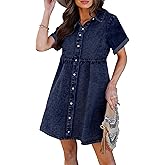 luvamia Women's Casual Short Sleeve Button Down Tiered Denim Babydoll Jean Dress