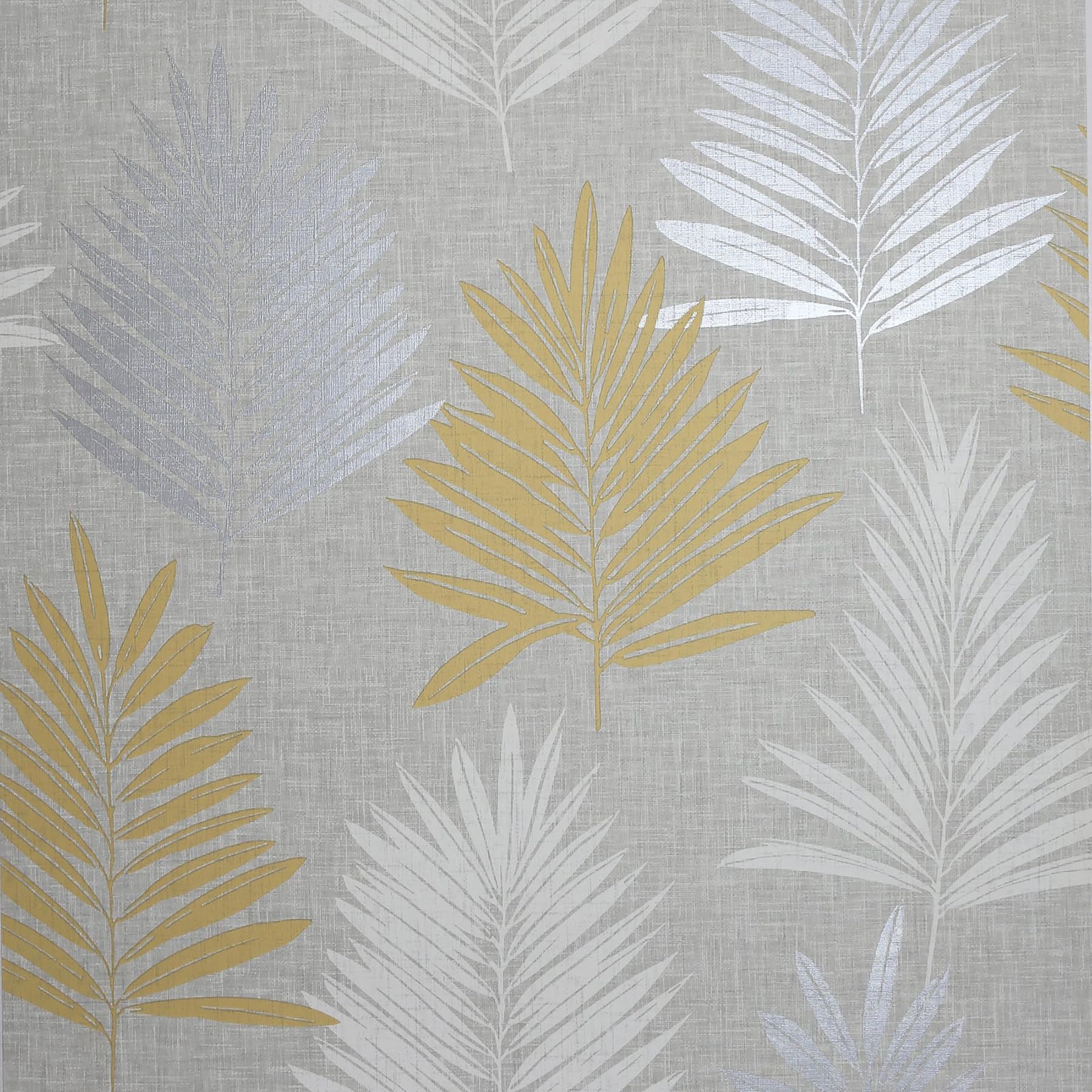 Arthouse | Linen Palm Ochre/Grey Wallpaper | Contemporary Leaf Design in Ochre, Silver, and White | Textured Linen Effect Background | Stylish Feature Wall Wallpaper | 1005 x 53cm