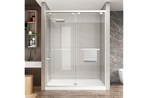 KPUY Glass Shower Door, 55-60" W x 76" H Semi-Frameless Double Sliding Shower Door, 1/4" (6mm) Thick Tempered Clear Glass with Explosion-Proof Film Nano Coating, Brushed Nickel