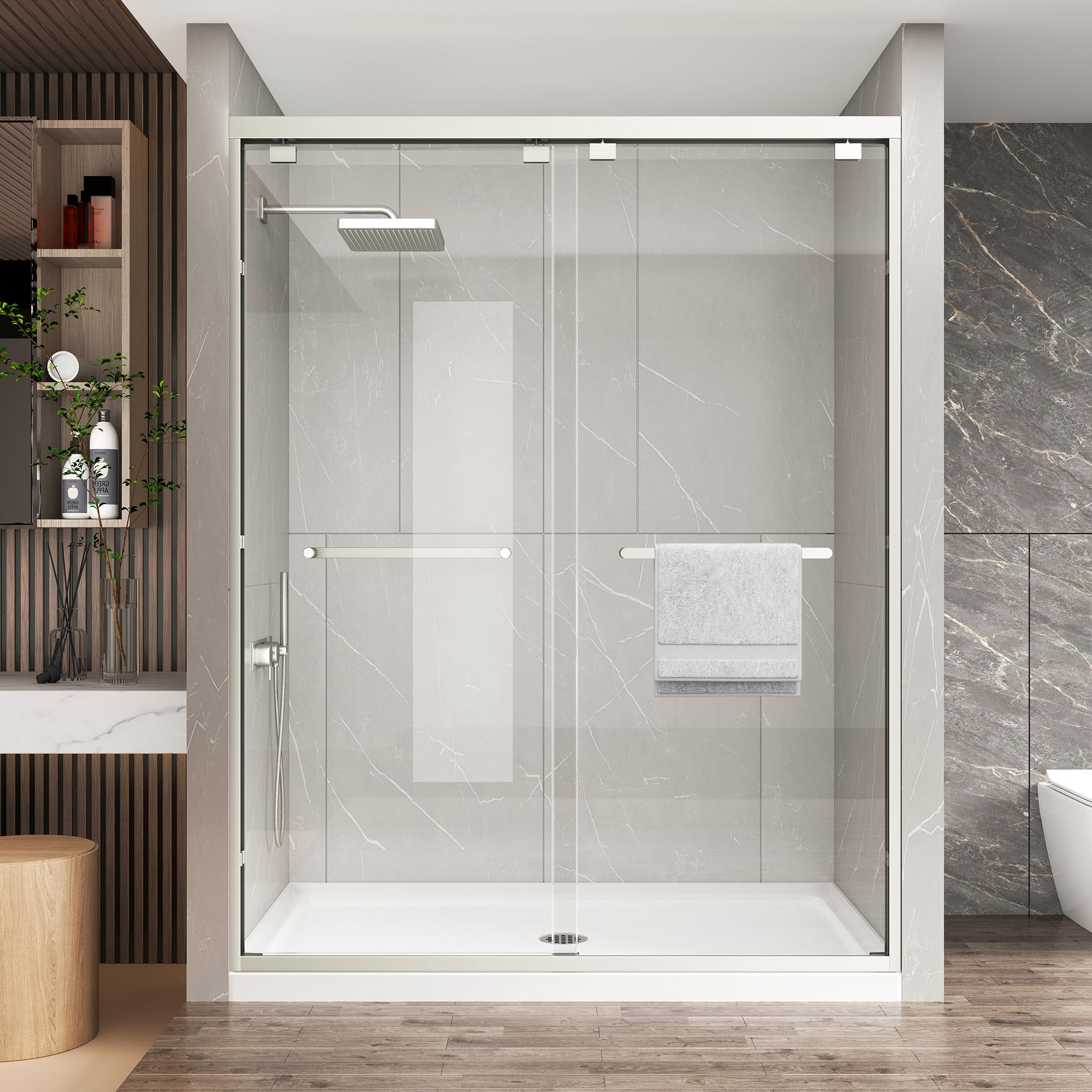 Photo 1 of KPUY Glass Shower Door, 49-54" W x 76" H Semi-Frameless Double Sliding Shower Door, 1/4" (6mm) Thick Tempered Clear Glass with Explosion-Proof Film Nano Coating, Brushed Nickel
