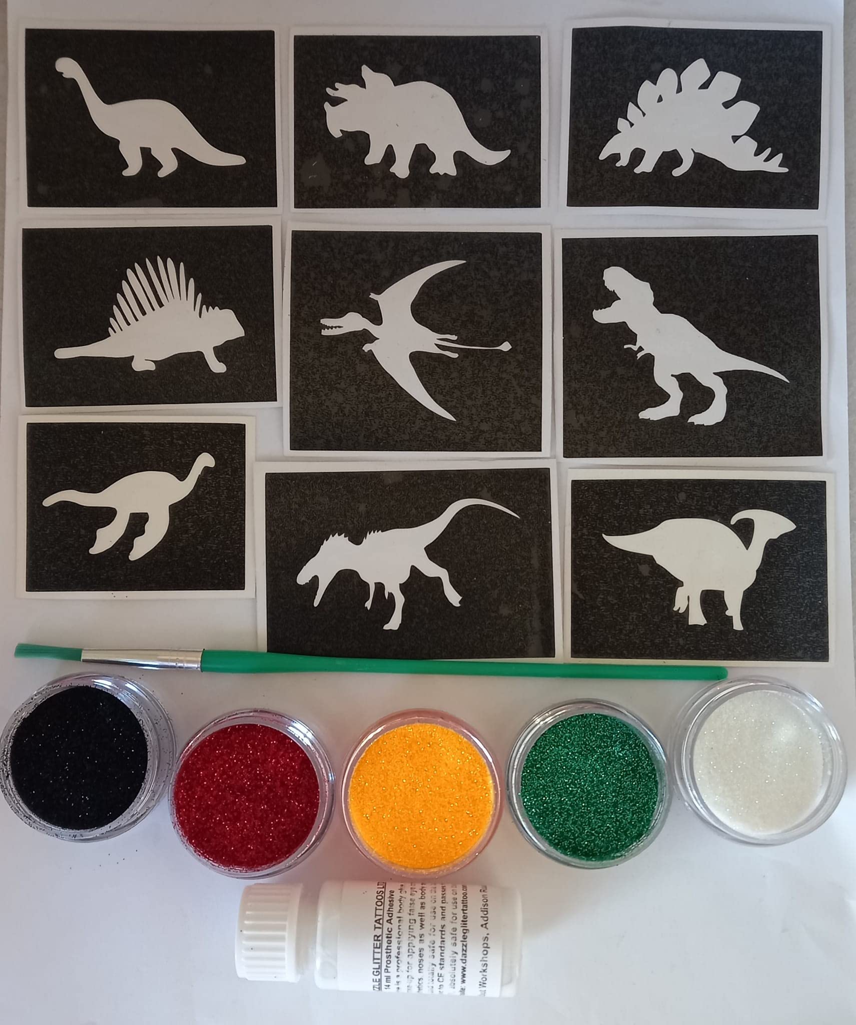 Dinosaur glitter tattoo set including 30 stencils + glitter + glue T-Rex