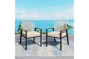 SUNSHINE VALLEY Patio Dining Chairs Set of 2, Heavy-Duty Woven Rope Outdoor Chairs with Waterproof Cushion and Wrought Iron Frame, All-Weather Outside Seating for Kitchen Garden Deck Backyard