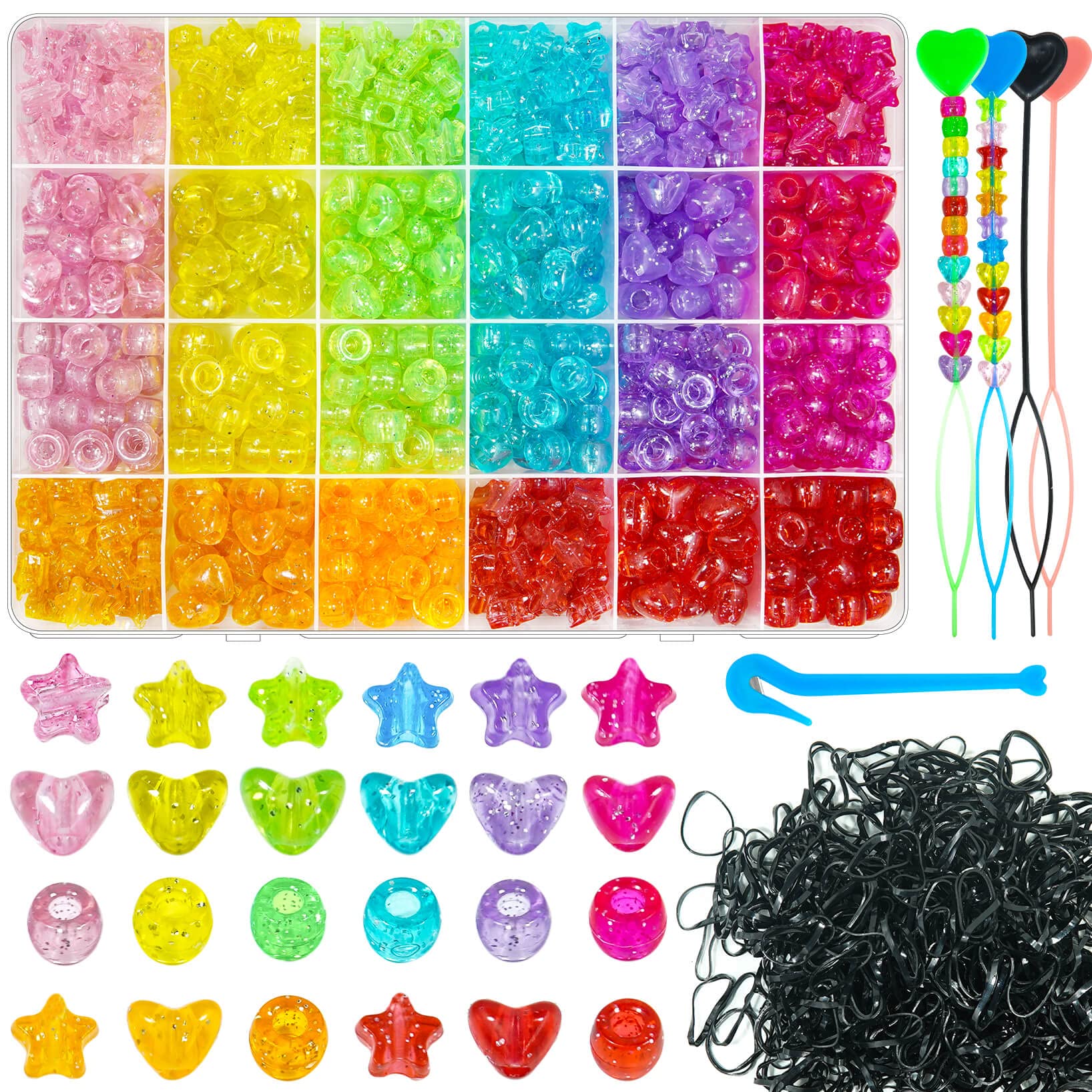 Photo 1 of 1680Pcs Pony Beads for Hair Braid - Acrylic Star Heart Glitter Sparkle Large Hole Beads With Elastic Rubber Band Threaders Kit for Bracelets Jewelry Making (Glitter)