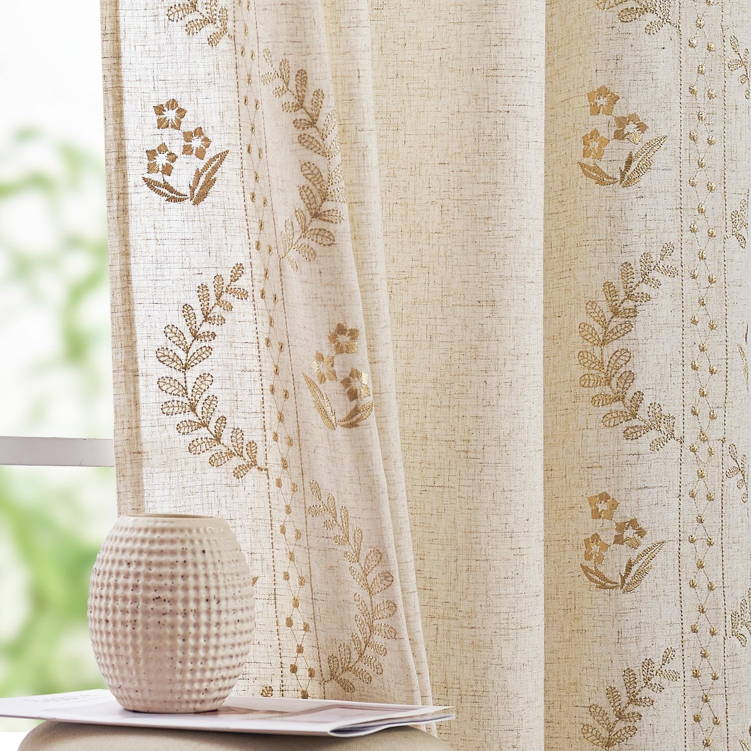 Photo 1 of jinchan Belrose Linen Curtains for Bedroom Floral Curtains 108 Inch Length Linen Blend Beige Embroidered Drapes Farmhouse Flower Patterned Drapes for Living Room Window Treatments Set 2 Panels