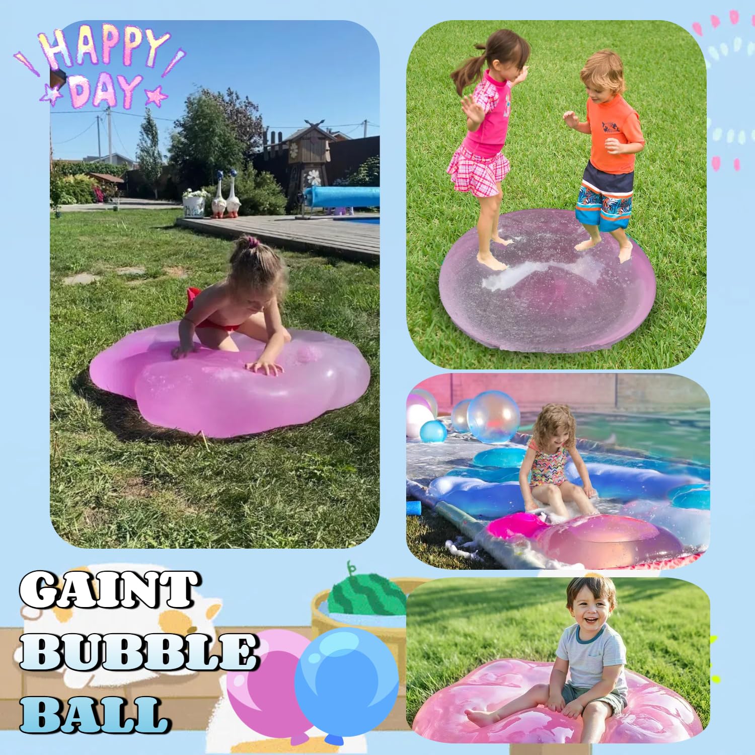 2-Pack Giant Bubble Balls Inflatable Water Balloons Reusable Kids Beach Toys for Summer Outdoor Fun Durable Toddler Yard Games & Pool Accessories