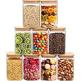 ComSaf 1.2 Qt Glass Storage Containers with Lids, Glass Jars with Lids, Clear Food Storage Jar, Square Canister Set of 9, Pantry Organizers and Storage for Cookie Flour Oat Pasta Tea Coffee Bean