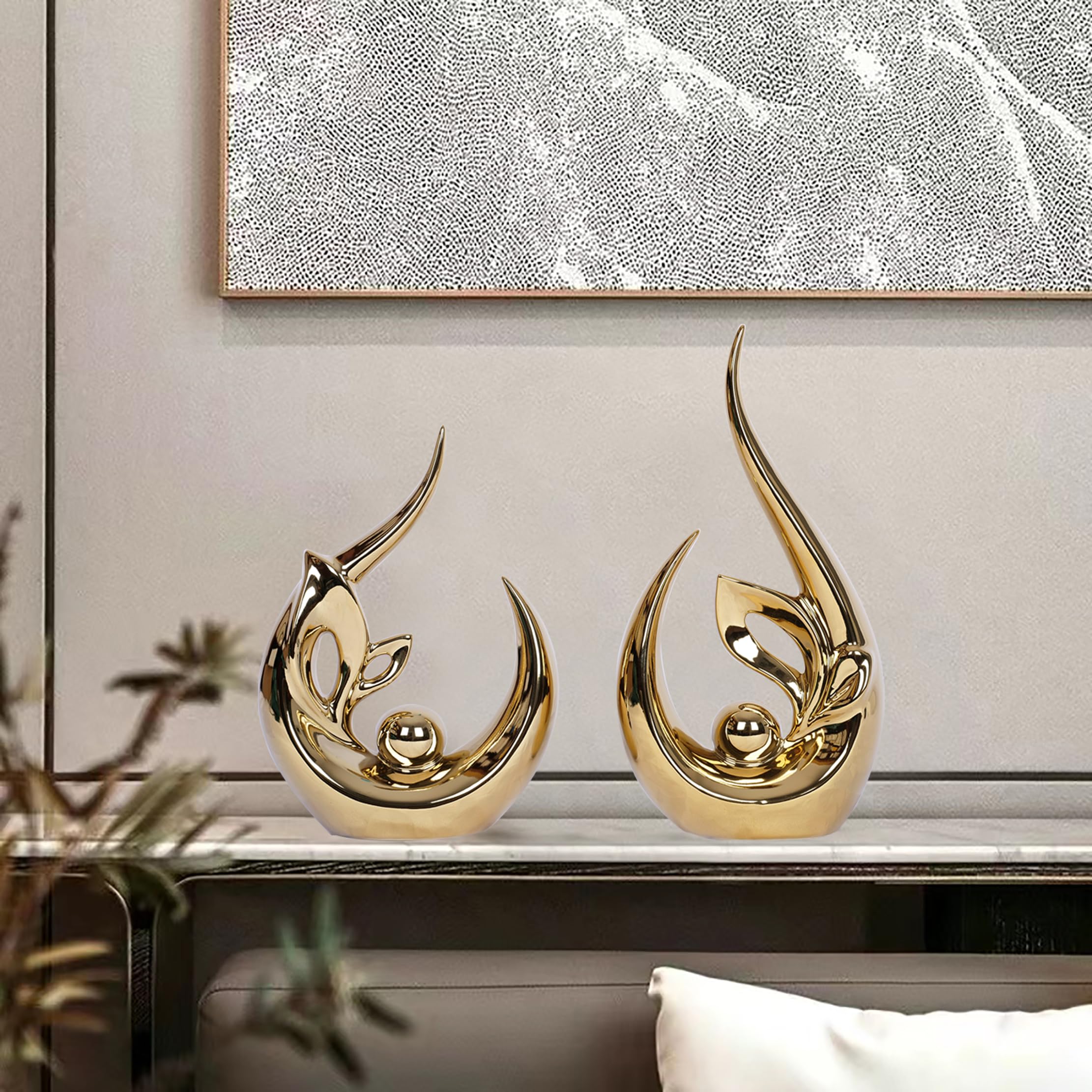 Photo 1 of 2 PCS Gold Decor Accents Mid Century Modern Decor Golden Living Room Decor Ceramic Sculpture Centerpiece Table Decorations Centerpieces for Tables Kitchen Shelf Bookshelf Office Dining Table Decor