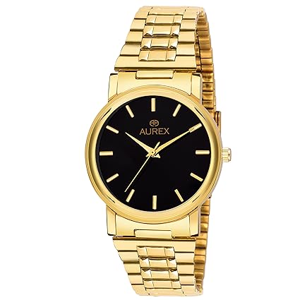 Aurex Analouge Black Dial 18 K Gold Plated Watch Water Resistant Golden Color Strap Watches for Mens/Boys (AX-GR1013-BKG)