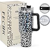 FECBK 40 oz Tumbler with Handle and Straw, 100% Leak-Proof Travel Mug, Stainless Steel Double Wall Vacuum Insulated Coffee Cup Keeps Cold For 34 Hours, Dishwasher Safe, Black Leopard