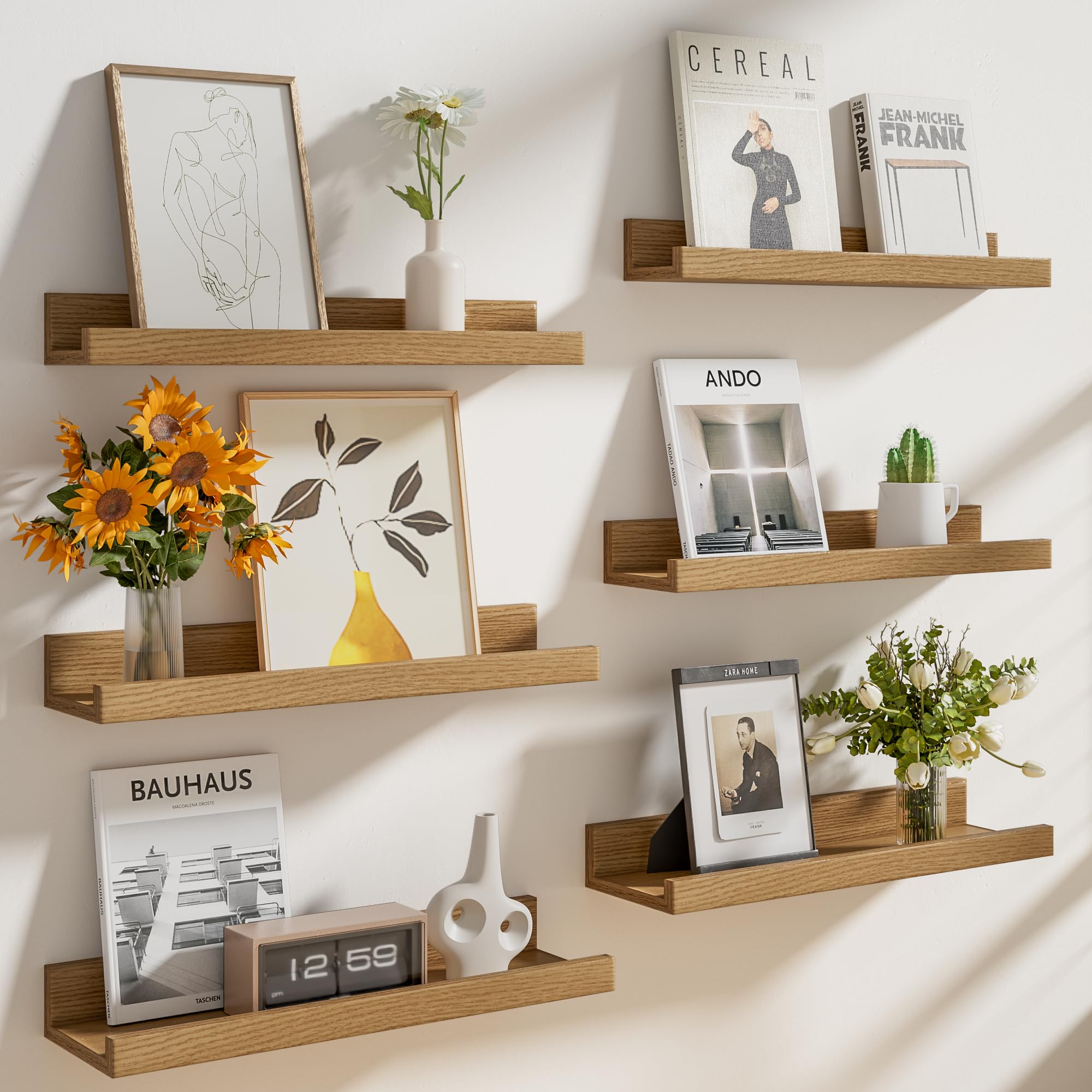 Heimlove Floating Shelves Set of 6, 16" Wall Mounted Picture Ledge, Display Shelf Organizer for Decor Storage, Wall Mounted Shelves for Living Room, Bedroom, Bathroom, Kitchen (Oak)