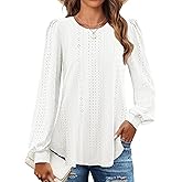 ZESICA Long Sleeve Eyelet Tops for Womens Crew Neck Spring Shirts Casual Loose Blouses 2026 Trendy Clothes