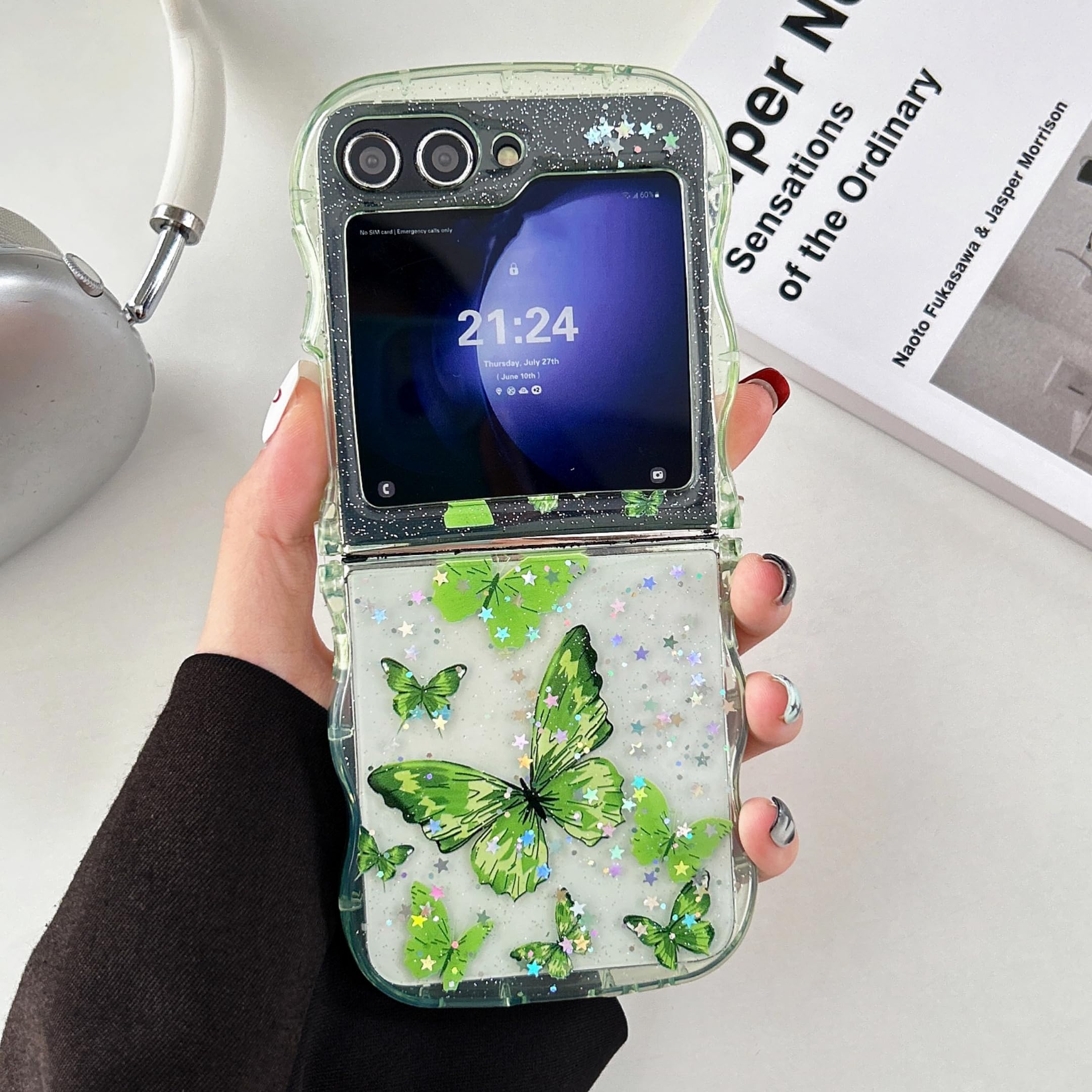Photo 1 of UEEBAI Wave Butterfly Case for Samsung Galaxy Z Flip 5/Z Flip 6/Z Flip 7 FE 5G Case, Pretty Bling Star Butterfly Cute Shiny Glitter Phone Cover Bling Clear Cover Curly Shockproof Girly - Green