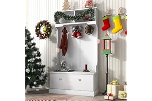 Polibi 3-in-1 Hall Tree with Top Shelves and Storage Bench Cabinet, 72'' Wood Storage Bench with 4 Hooks and Drop-Down Cabinet Door for Entryway, Living Room and Bedroom (White)