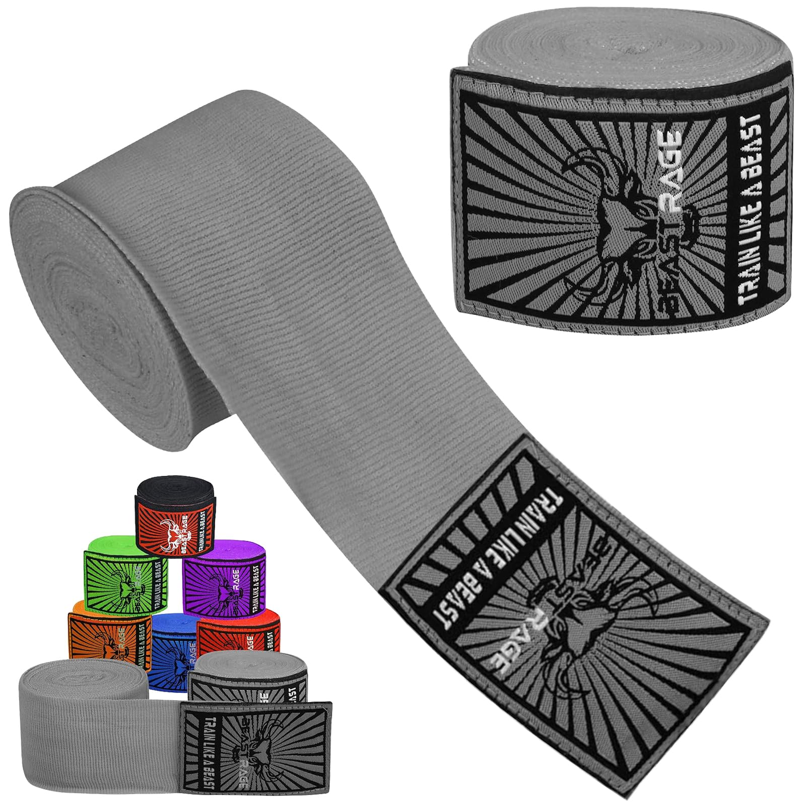 BEAST RAGE Boxing Hand Wraps Men Protection MMA Support Inner Gloves Martial Arts Training Wrapper Punching Combat Sports Muay Thai, under Mitts 4.5 Meter Elasticated Bandages (4.5 M, Grey)
