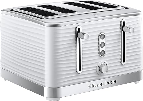 Russell Hobbs Inspire 4 Slice Toaster (Extra wide slots, High lift feature, 6 Browning levels, Frozen/Cancel/Reheat function with Blue LED illumination, 1800W, White textured high gloss) 24380